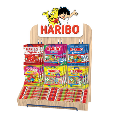 HARIBO - Colis prsentoir en bois 6 broches + 6 boites 30 sachets 30/40gr + 2 boites mega roulettes
